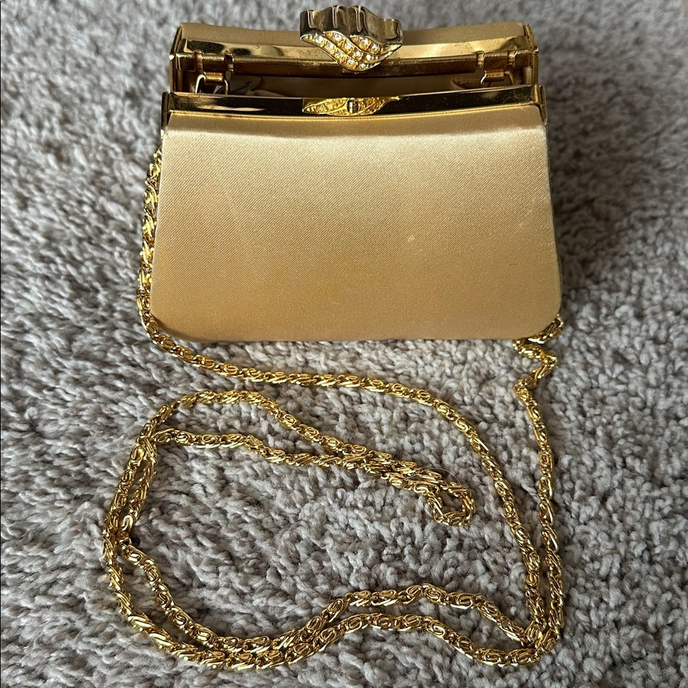 Jessica McClintock GUC gold satin evening bag. Long removable crossbody chain.